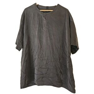 Lahgo Mens Silk Henley Short Sleeve Shirt Large Casual Lounge Pajama Top Gray